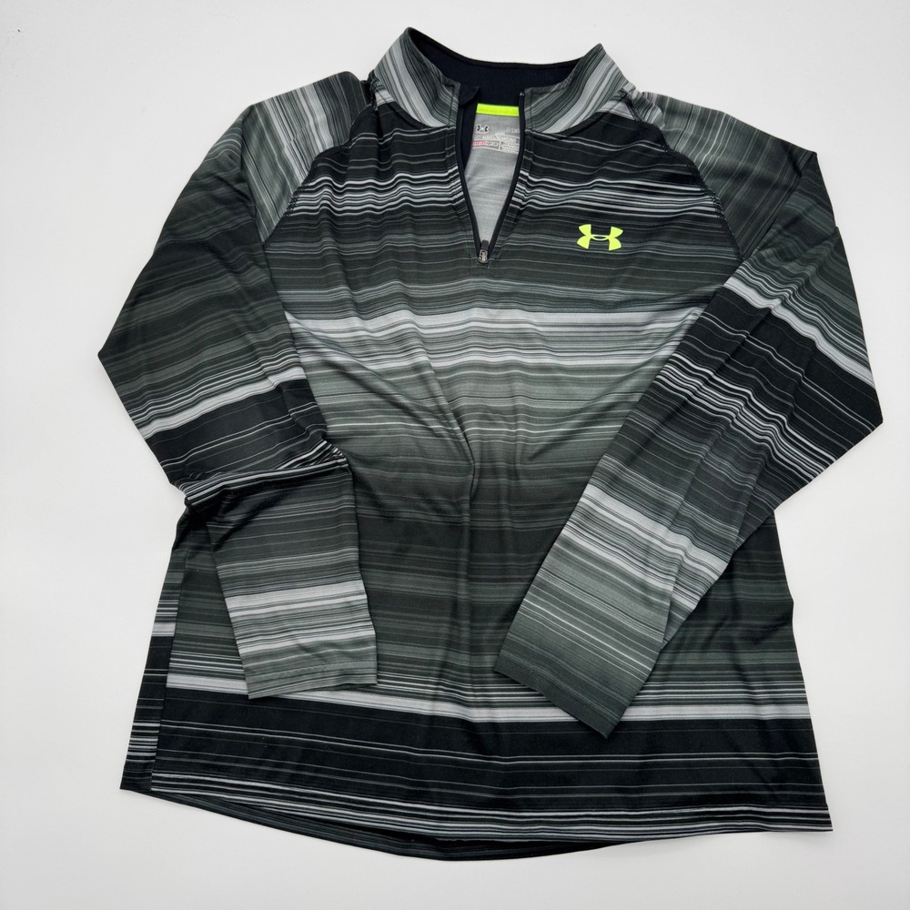 Under Armour Womens HeatGear Quarter Zip Pullover Grey Striped Long Sleeve Large